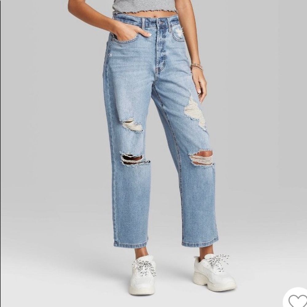 Wild Fable Super High Rise Distressed Straight Jeans Medium Wash